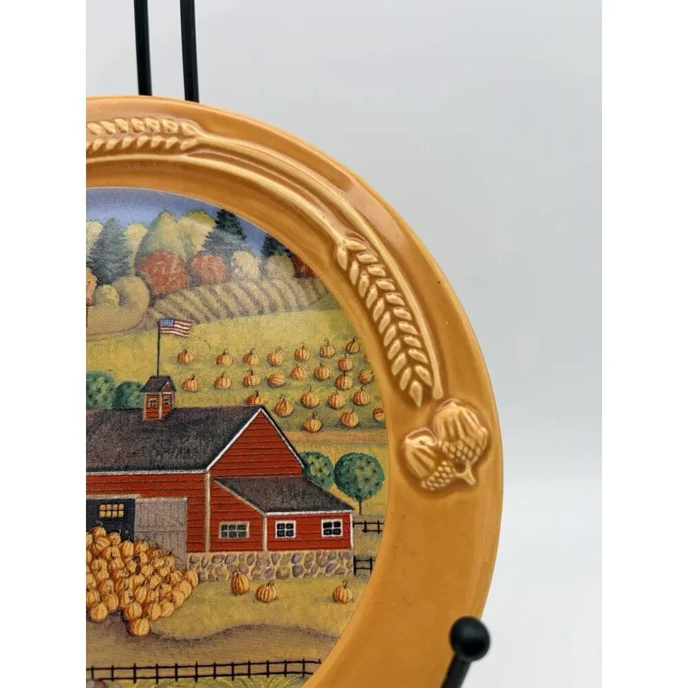 Ceramic Decorative trivet Farm Scene Pumpkin Patch Brown Multicolor Round Glossy